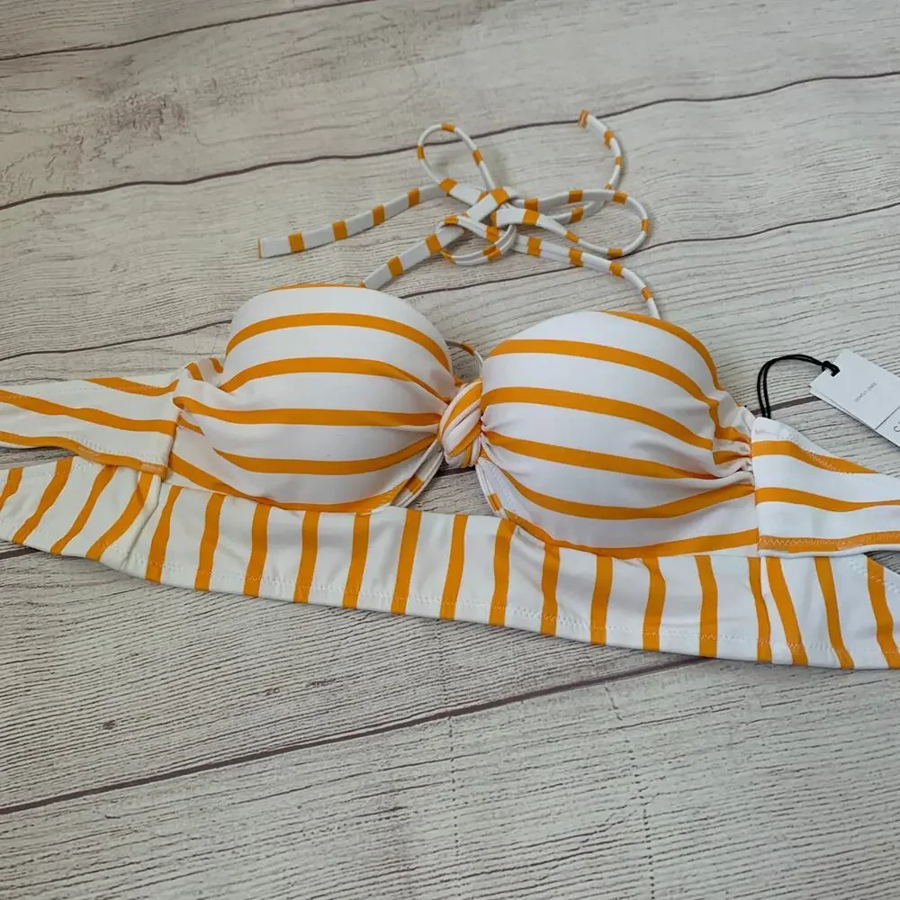 Shade & Shore Yellow and White Stripe Bikini Top Front Keyhole Halter Straps 34A